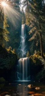 Serene waterfall surrounded by lush green forest with sunlight streaming through trees.