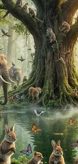 Lush forest with wildlife near a pond.