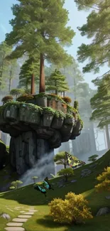 Serene forest with butterflies and floating rock formation.