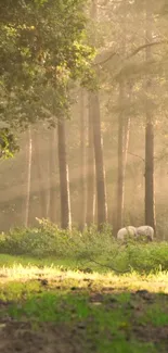 Sunlit forest with grazing sheep creating a serene natural wallpaper.