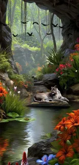 A serene forest scene with a wolf by a stream.
