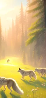 Wolves in a tranquil sunlit forest, nature-themed mobile wallpaper.