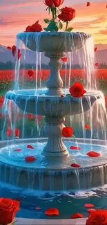 Beautiful fountain surrounded by blooming red roses at sunset.