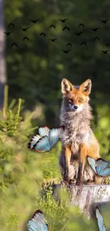 Fox sitting in forest with butterflies and green foliage.