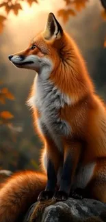 Serene fox sitting in glowing autumn background.