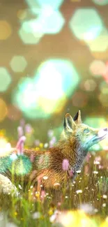 A fox resting in a vibrant wildflower meadow, showcasing natural beauty.