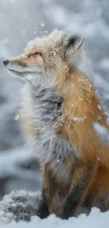 A fox sitting calmly in a snowy landscape with falling snowflakes.