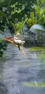 Frog in rain on a branch with lush green background.