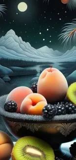 Fruit basket with mountain backdrop under a night sky.