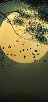 Serene full moon with birds and branches in a night sky.