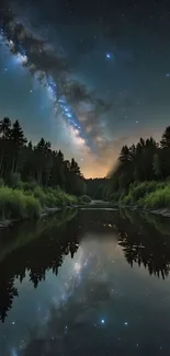 Starry night sky reflecting in a calm river, with silhouettes of trees.