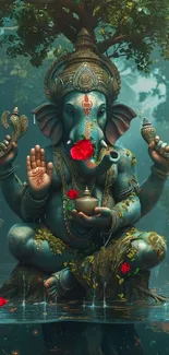 Lord Ganesha surrounded by lush greenery in a serene nature setting.