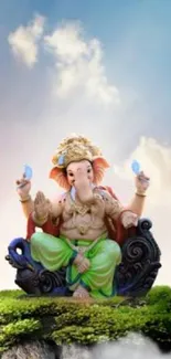 Lord Ganesha sitting on a cloud in a serene sky.