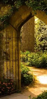 Sunlit garden path through archway with lush greenery.