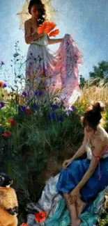 Two women in a vibrant garden with a rabbit, surrounded by colorful flowers.