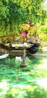 Peaceful garden with a bridge over reflective water surrounded by lush greenery.