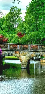 Scenic garden with stone bridge over calm river surrounded by lush plants.