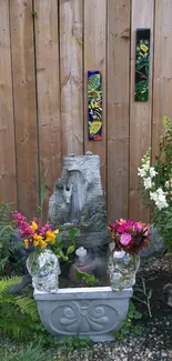 Serene garden with water fountain and colorful flowers.