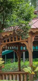 Serene garden gazebo with lush green surroundings.