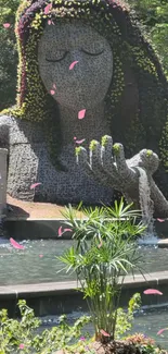 Goddess statue in tranquil garden setting with flowing water.