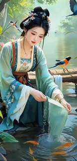 Elegant woman in serene garden with birds and greenery.