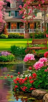 Serene garden with flowers and pond in wallpaper.