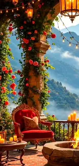 Charming garden view with roses and mountains.