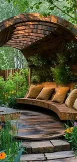 Serene garden retreat with cozy seating area and lush greenery.