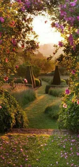 A serene garden path with flowers at sunrise, perfect for mobile wallpaper.