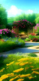 Serene garden path with vibrant flowers and lush greenery.