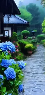 Serene garden path with blue flowers and lush greenery.