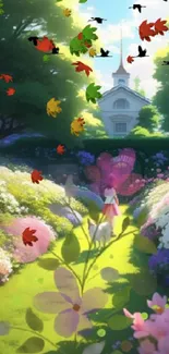 Anime-inspired serene garden with vibrant flowers and birds.