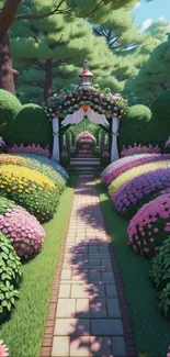 Serene garden pathway with colorful flower arches.