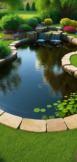 Serene garden pond wallpaper with lush greenery and colorful flowers.