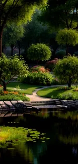 A serene garden with reflective pond and lush greenery under clear skies.