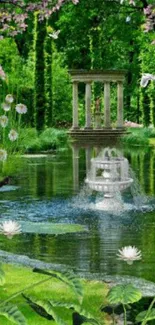 Serene garden with fountain and greenery reflecting in a pond.