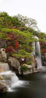 Serene garden with waterfalls and greenery.