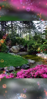 Serene garden with heart glow effects and pink flowers.