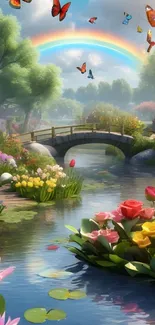A serene garden with vibrant flowers and a rainbow above a stone bridge.