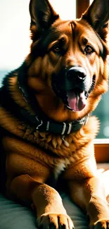 German Shepherd on cushion in warm sunlight.