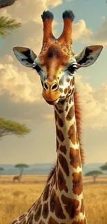 Giraffe standing in the savanna with picturesque background.