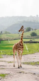 Giraffe standing in a lush green savannah landscape.