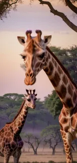 Giraffes standing in a tranquil savannah landscape under a purple sky.