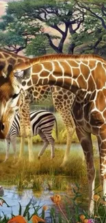 Giraffes and zebras in serene wildlife setting