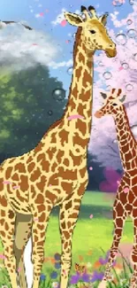 Giraffes in a blooming field with cherry blossoms and a vibrant landscape.