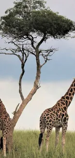 Two giraffes stand by a tree in a green savannah landscape.