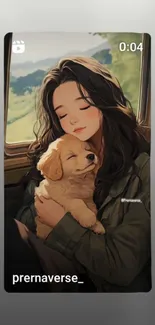 Girl holding a puppy with serene expression in anime style.