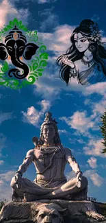 Serene Hindu Shiva statue with vibrant sky.