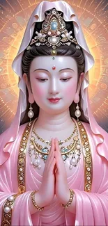 Serene goddess with pink attire in artistic wallpaper.