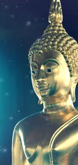 Golden Buddha statue with glowing aura on teal background.